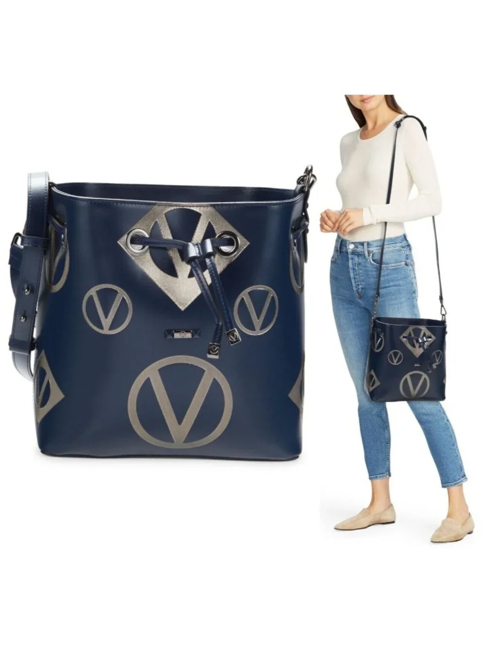 Valentino by Mario Valentino Logo Leather Bucket Crossbody Shoulder Bag Blue